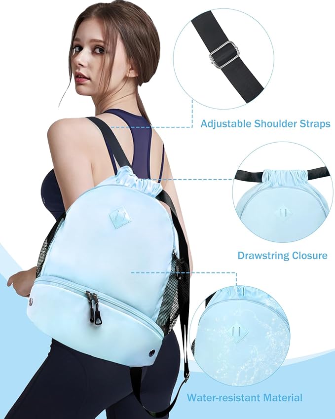 Drawstring Backpack Gym Backpack with Shoe Compartment for Men Women String Sports Bag with Wet Pocket Cinch Swim Beach Bag, Blue (Patent Pending)