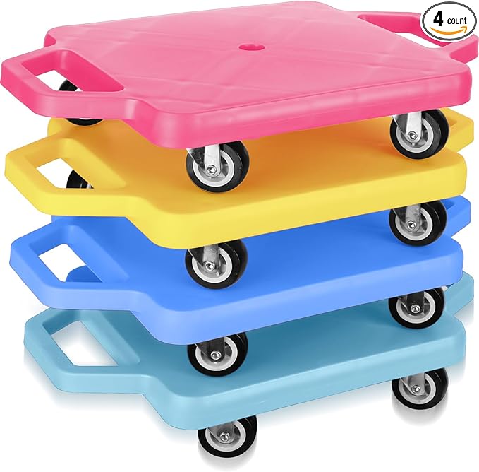 Jerify 4 Pieces Sports Scooter Board with Handles Plastic Casters Floor Sitting Scooter Boards for Kids Children Gym Indoor Outdoor Activities Play Equipment, 11.22 x 11.22 inch