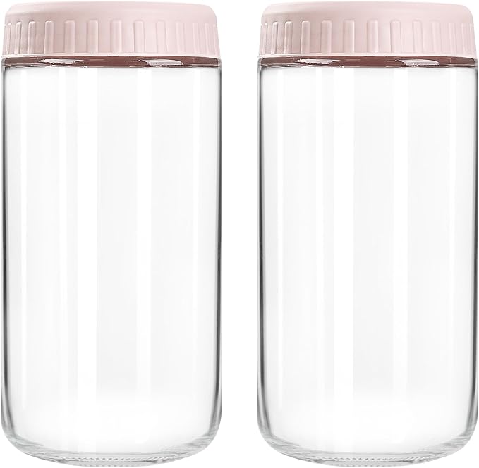 Overnight Oats Containers with Lids, 24oz Glass Jars with Lids 2 pcs, Pink, Wide Mouth Mason jars for Salad, Yogurt, Snacks, Meal Prep