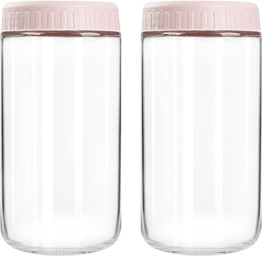Overnight Oats Containers with Lids, 24oz Glass Jars with Lids 2 pcs, Pink, Wide Mouth Mason jars for Salad, Yogurt, Snacks, Meal Prep