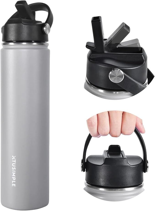 24oz Insulated Travel Water Bottle - Stainless Steel, Leakproof - Keep Hot for 12hrs & Cold for 30hrs - for Outdoors, Sports, Bike, Gym, Marathon - Gift for Women, Men (Gray)