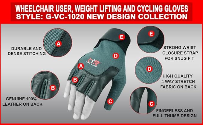 Wheelchair Gloves Unisex Mobility Disability Fingerless Long Thumb Leather Palm Workout Weight Lifting, Cycling, Driving Gloves for Men and Women