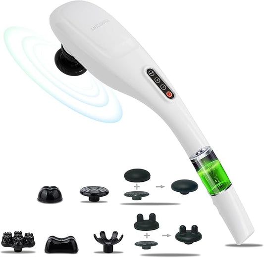 MEGAWISE Cordless Handheld Back Massager w/Rechargeable 3200mAh Battery, 5 Speed and 5 +2 Massage Nodes with Hard, Medium and 2 Soft Silicone Nodes; Massage While Moving Around (Pearl White)