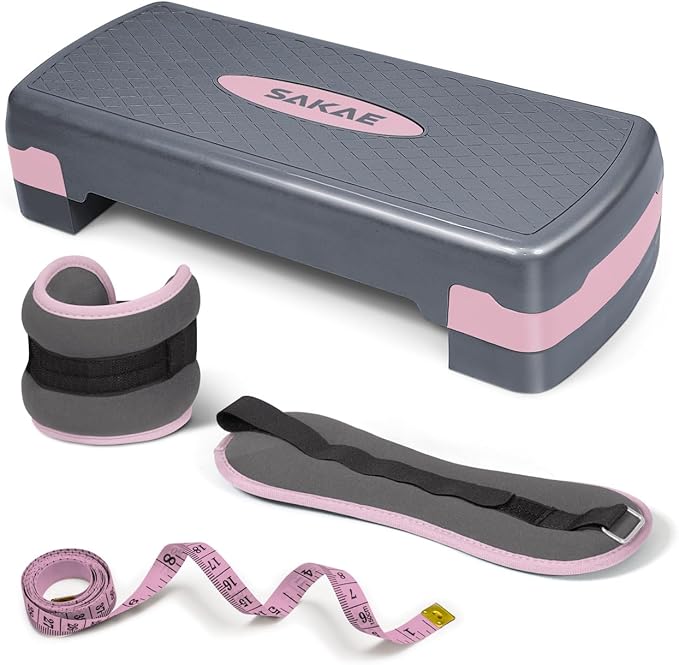 Adjustable Height Aerobic Stepper Set, Multiple Bundle Options with Dumbbells, Kettlebell, Waist Trimmer, Ankle Weights or Weighted Vest, Workout Exercise Step Platform w/Level Risers, 4 Colors