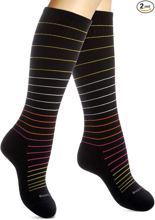 Cotton Compression Socks for Women & Men. 15-20 mmHg Support Knee-High Black Stripes X/L