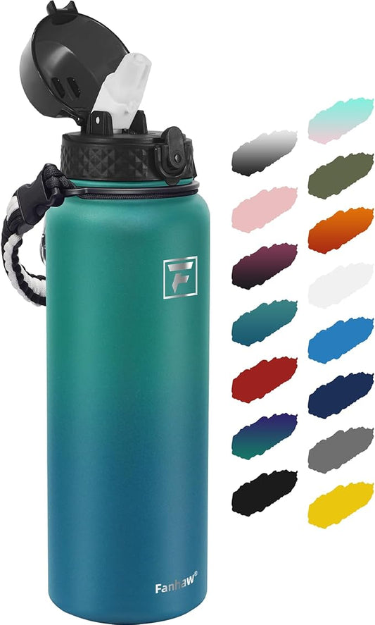 Fanhaw 40 Oz Stainless Steel Insulated Sports Water Bottles with Straw for Kids, Men and Women (Green Blue)