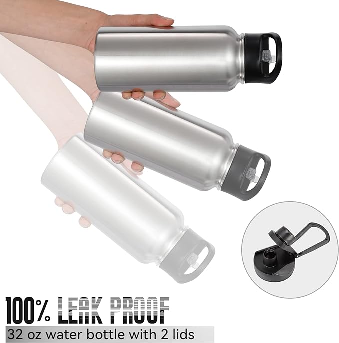 32 Oz Stainless Steel Insulated Water Bottle (4 pk), Leak Proof, Wide Mouth Lids, Double Walled Vacuum, BPA Free, Sport Bottles for Gym, Travel, Running, Hiking