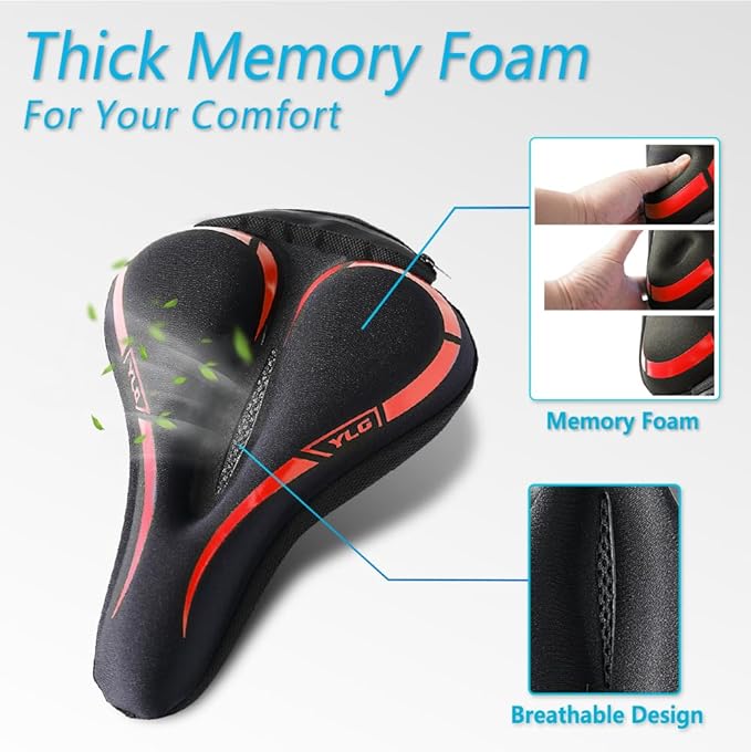 YLG Bike Seat Cover, Memory Foam & Gel Bike Seat Cushion Cover for Men Women, Comfortable Bicycle Seat Cover for Peloton/Fixed/Cruiser/Indoor/Outdoor Bike seat with Waterproof Cover
