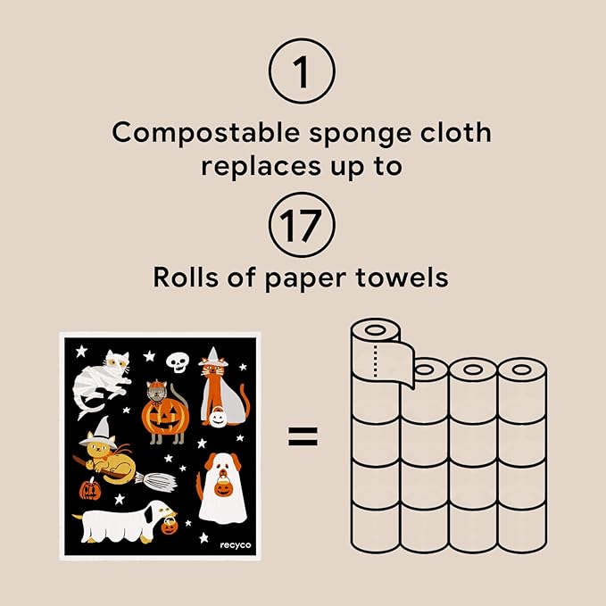 RECYCO Swedish Dishcloths for Kitchen | 4 Pack Halloween Wicked Whimsy Washable Dish Rags | Cellulose Reusable Cleaning Paper Towels | Absorbent Counter Dish Cloth Sponge Kitchen Wipes, 8" L x 7" W
