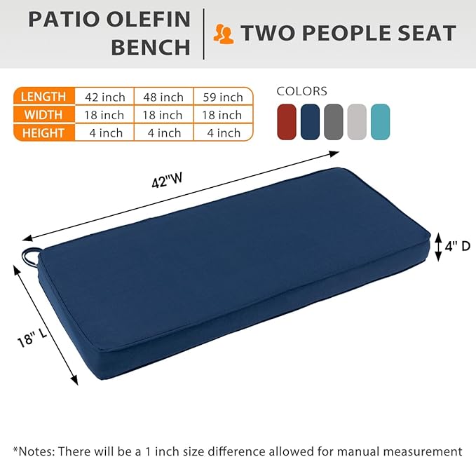Sundale Outdoor Olefin Bench Cushion， Water-Resistant Patio Couch Cushion, Loveseat Sofa Pad with Straps Dark Blue, 42 x 18 x 4 Inches