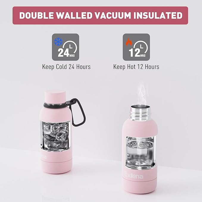 Small Water Bottle 12oz with Clip, Double Wall Stainless Steel Vacuum Small Insulated Water Bottle Keeps Drinks Cold 24 Hrs/Hot 12 Hrs for Kids Handbag School BPA Free (Pink)