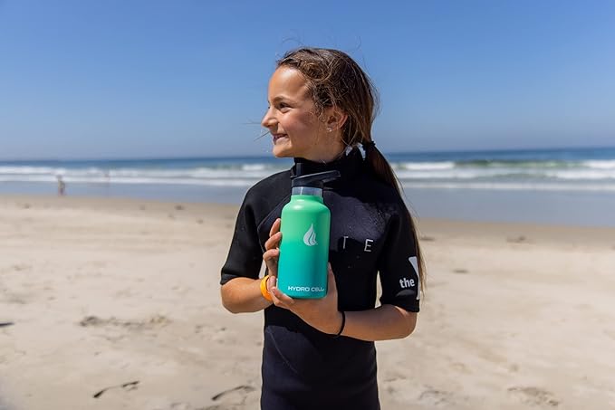 HYDRO CELL Stainless Steel Water Bottle with Straw & 2 Standard Mouth Lids (32oz 24oz 20oz 16oz) Keeps Liquids Hot or Cold w/Double Wall Vacuum Insulated Leak Proof Sport Design (Mint/Green 16oz)