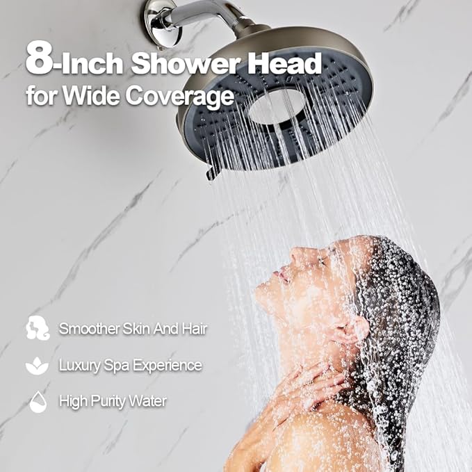 Filtered Shower Head - 8 Inches High Pressure Fixed Rain Showerhead for Hard Water Softener with 18-Stage Filter - Reduces Chlorine and Heavy Metals （Nickel Brushed）
