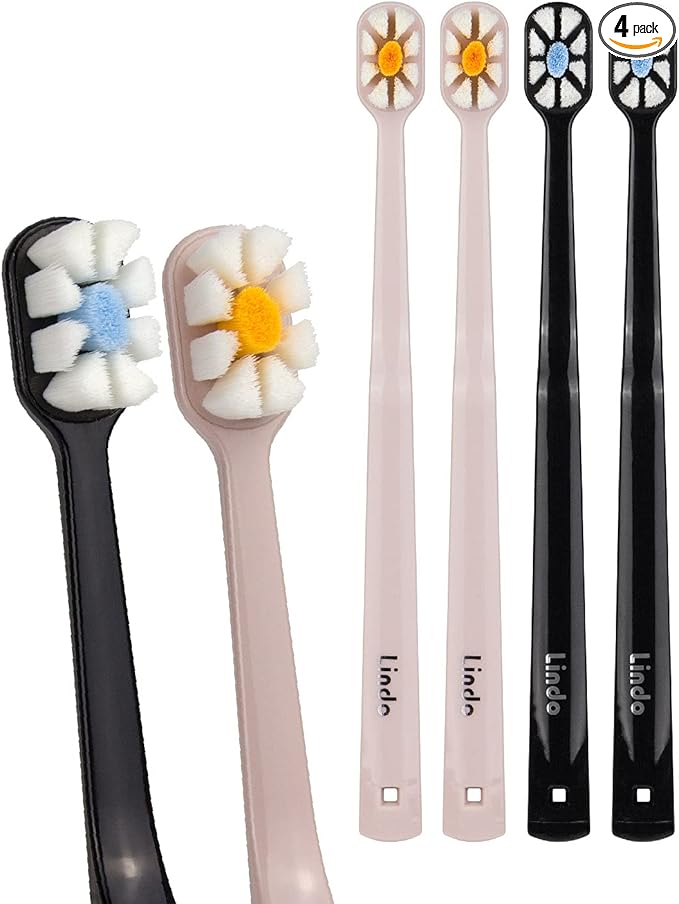 Lindo Polishing Toothbrush - for Sensitive Gums and Teeth, 12000+ Ultra Fine Bristles, Soft and Gentle, Deep Clean, Pack of 4 (Original Black, Beige, 4 Pack)