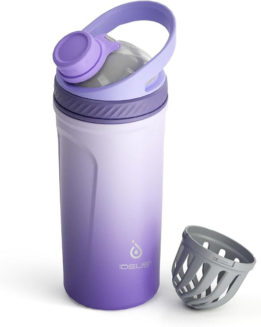 Ideus Protein Shaker Bottle 24oz(710ml) Insulated Stainless Steel Shaker Bottle with Silent Tritan Ball Portable Pre Workout Shaker Cups for Protein Shakes, Smoothies, Cocktails, Purple