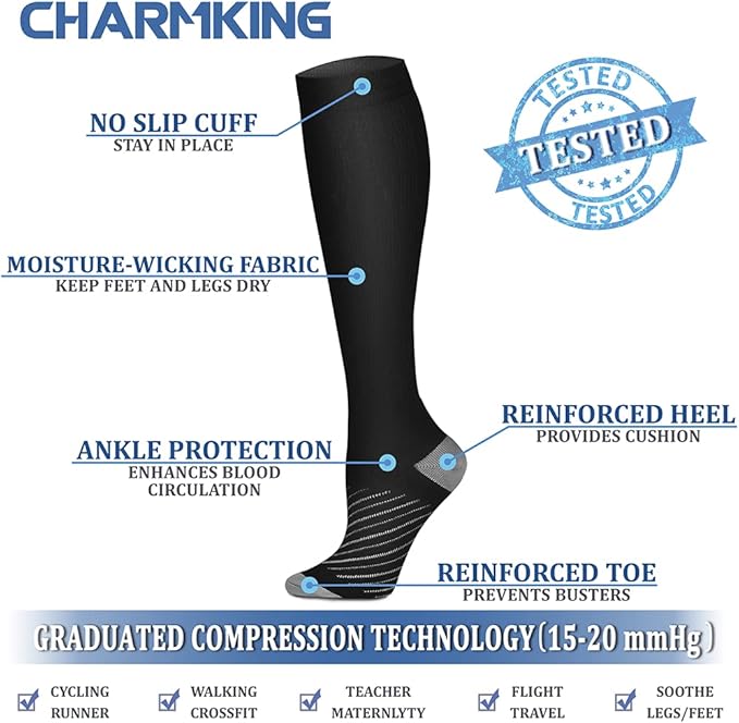 CHARMKING Compression Socks for Women & Men Circulation (8 Pairs) 15-20 mmHg is Best Support for Athletic Running,Hiking