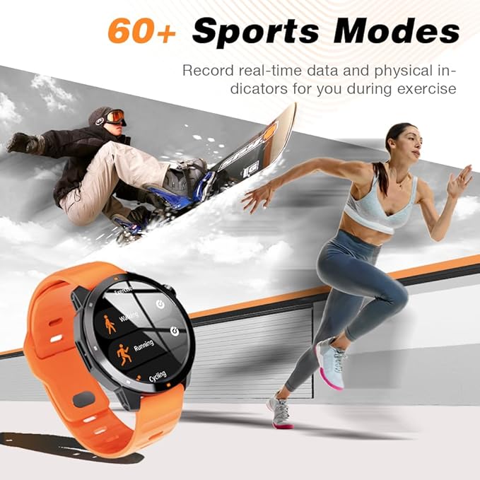 GPS Smart Watch for Men, 1.43'' AMOLED Smartwatch with Compass/Barometer/Altimeter, Heart Rate/Sleep Monitor, 30M Waterproof, 60+ Sports Fitness Tracker for Android/iOS, Black & Orange (2 Bands)