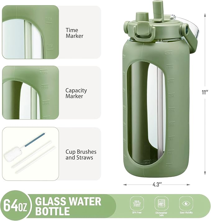 BLUEGO 64oz Glass Water Bottles with Straw Time Marker Half Gallon Large Motivational Water Bottle with Silicone Sleeve 2 Liter Large Glass Water Jug for Gym, Sports& Workout, Daily, 02 Olive