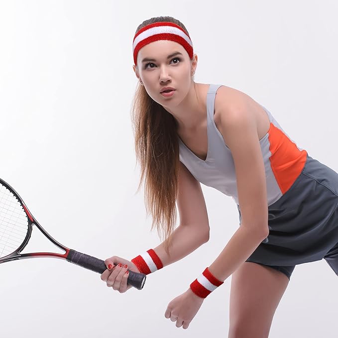 Skylety 5 Pcs Striped Sweatband Sock Set Wrist Sweatband Headband High Striped Headband for Men Women Sports 80s Party(Red and White)