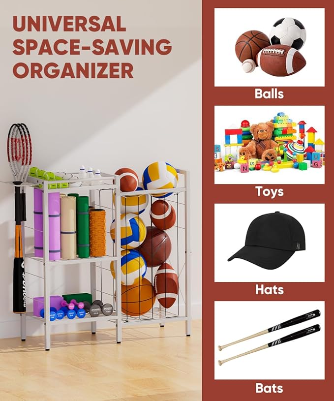 3 Tiers Dumbbells Yoga Mat Storage Rack with Elastic Straps for Kettlebells Foam Roller Resistance Bands Balls, Workout Equipment Organizer Weight Storage Holder with Hooks for Home Gym