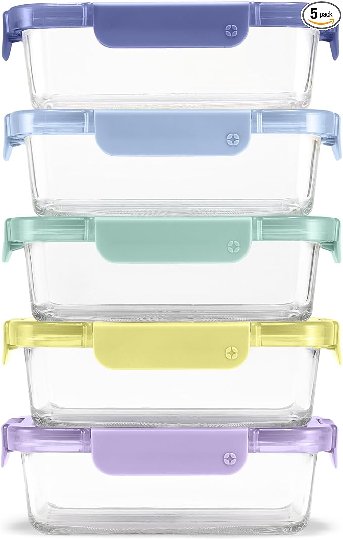 Ello Color Lock 3.4 Cup 10PC, 5 Pack Glass Meal Prep Sets Leak-Proof Glass Food Storage Containers with Airtight BPA-Free Plastic Lids, Dishwasher, Microwave, and Freezer Safe, Purple Rain
