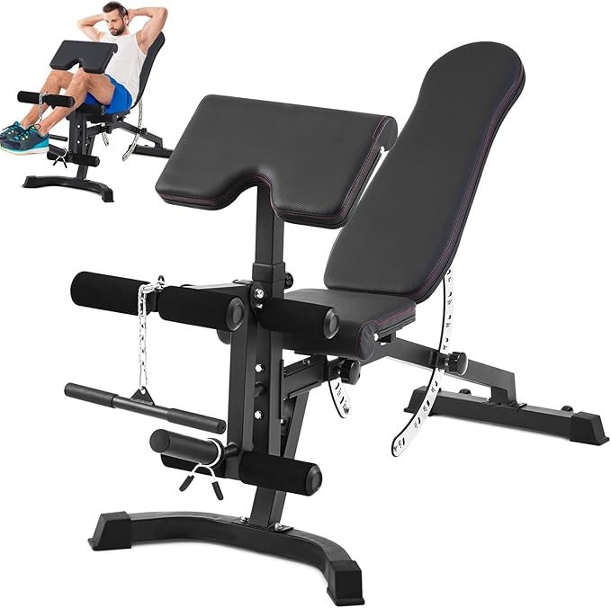 Adjustable Weight Bench for Home Gym, Decline Flat Incline Bench with Leg Extension & Preacher Curl Attachment for Bench Press, Sit Up, Leg Curl & Ab Workout