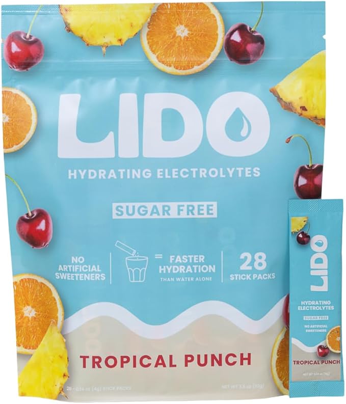 LIDO Tropical Punch Electrolyte Powder Packets — Clean, Zero-Sugar Hydration Drink Mix with Balanced Sodium for Fast Replenishment — Vegan, Paleo & Fasting Friendly — 28 Sticks