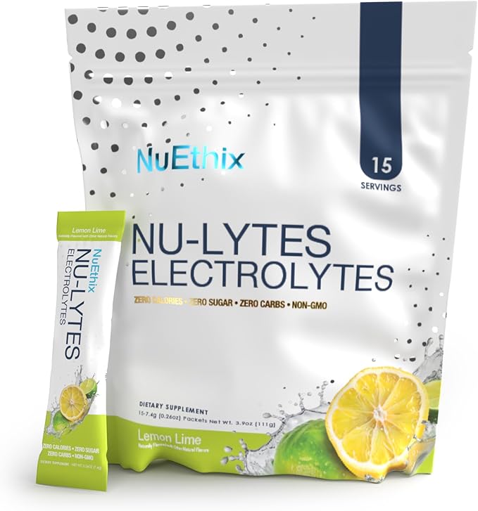 NuEthix Formulations NU-LYTES Electrolytes Hydration Packets, Zero Calories, Zero Sugar, Zero Carbs, Non-GMO, Electrolytes Powder Packets, Glycogen Replenishment, 15 Servings (Lemon Lime)