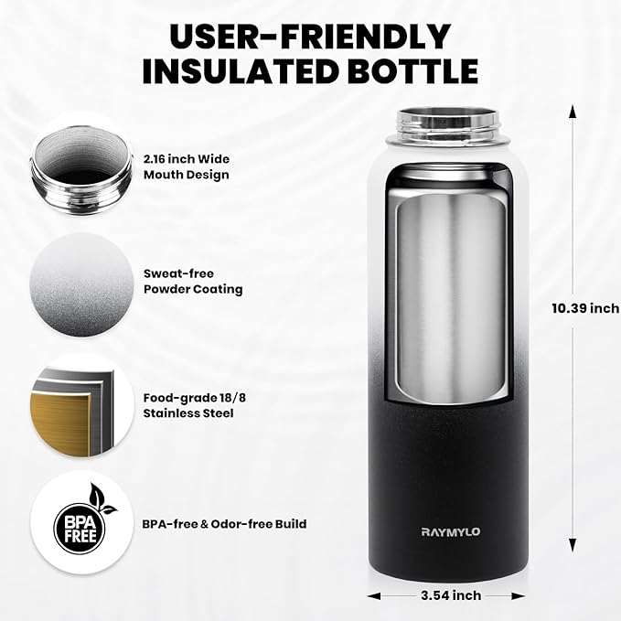 Insulated Water Bottle 40 oz, Triple Wall Vacuum Stainless Steel (Cold for 48 Hrs), Leak Proof & Non-BPA, Modern Water Flask Jug with Paracord Handle & Straw Spout Lids, Ombre: White/Black