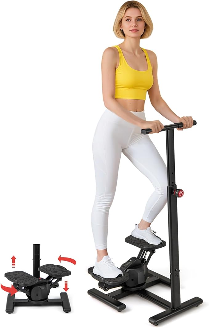 GYMAX Exercise Stepper with Handle Bar, 330 LBS Twist Stepper with LCD Monitor & Oversize Pedals, Portable Hydraulic Mini Stair Stepper for Home Aerobic Workout Fitness
