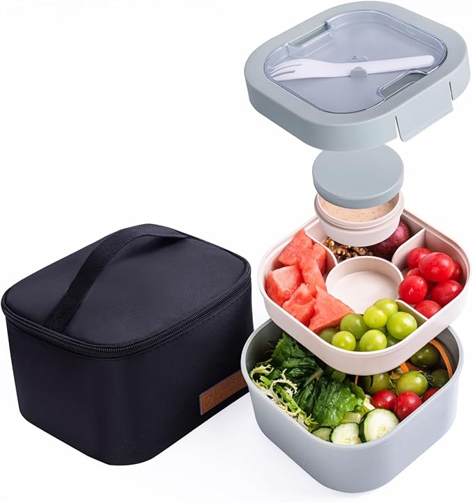 All-in-One Bento Box Container - Large 61-oz Adult Lunch box with Bag, 4-Compartment Bento-Style Tray, 3-oz Sauce Container, and Reusable Fork - Dishwasher, Microwave (green)