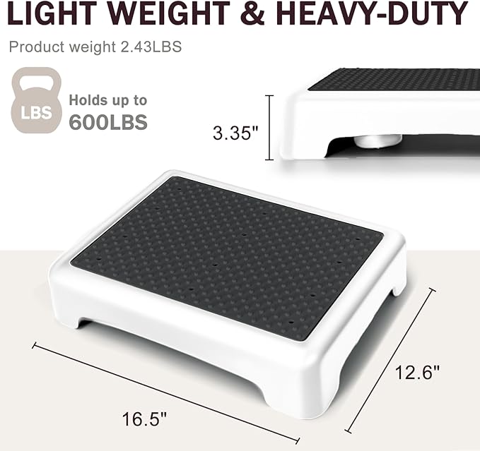 GWNF3.35'' Short Step Stool – 600lb Capacity Ultra-Sturdy Structure & Lightweight Step Stools for Seniors, Kids & Adult | Non-Slip Wide Platform | Mobility Step Stool for Indoor & Outdoor（White-Black）