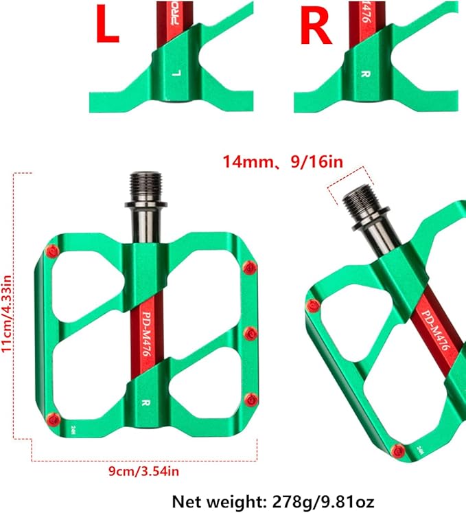 Bike Pedals - 3 Bearings Alloy Platform, Non-Slip 9/16" MTB Cycling Pedals (Durable Lightweight Design)