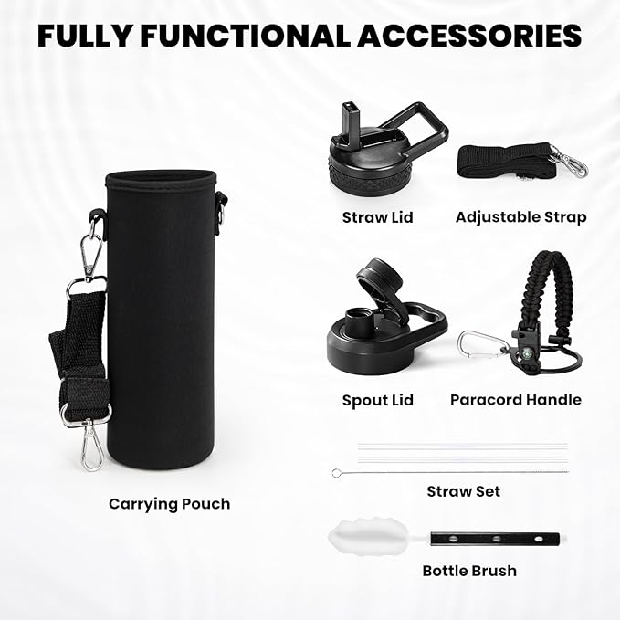 Insulated Water Bottle 20 oz, Triple Wall Vacuum Stainless Steel (Cold for 48 Hrs), Leak Proof & Non-BPA, Kids Water Bottle Jug for School with Straw Spout Lids, Magic Black