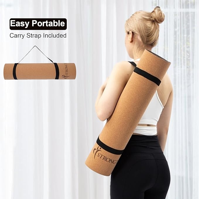 StrongTek Eco-Friendly Cork Yoga Mat, 7mm Thick, 72"x24", Cork+TPE, 2 lbs, Non-Slip, Lightweight & Cushioned Mat for Hot Yoga, Pilates & Home Fitness, Durable Surface with Natural Grip and Carry Strap
