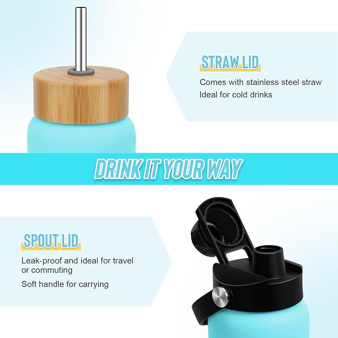 32 oz Glass Water Bottles - 1 Liter Motivational Tumbler Water Bottle Time Marker - Borosilicate Glass Water Bottle With Silicone Sleeve and 2 Lids, Handle Spout & Bamboo Straw Lid