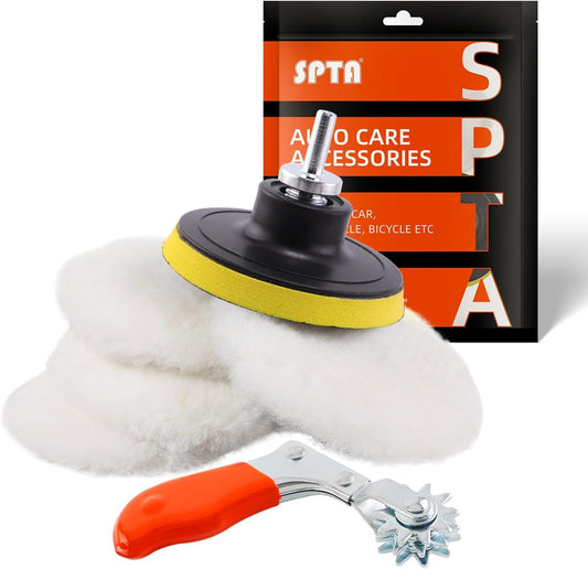 Wool Buffing Polishing Pad, SPTA 3 Inch (75mm) Lambwool Wool Buffing polishing Pads, 6 Pcs Kit with Hook & Loop 5/8"-11 Thread Drill Adapter for Car Polishing and Buffing -QA0798SET