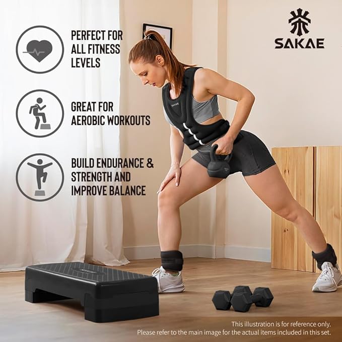 Adjustable Height Aerobic Stepper Set, Multiple Bundle Options with Dumbbells, Kettlebell, Waist Trimmer, Ankle Weights or Weighted Vest, Workout Exercise Step Platform w/Level Risers, 4 Colors