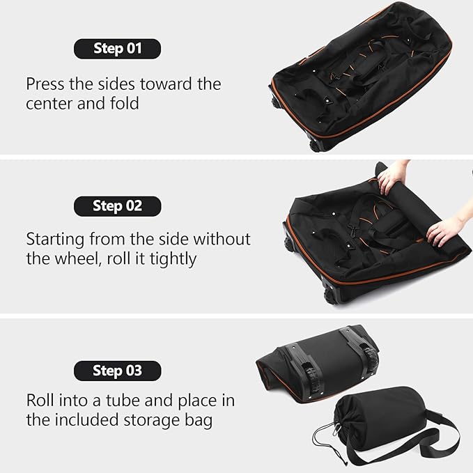 110L/140L Expandable Soft-Sided Foldable Duffle Bag with 2 Rubber Wheels,Packable 32” Rolling Carry-On with Multi-Pockets & Compartments,Black Orange