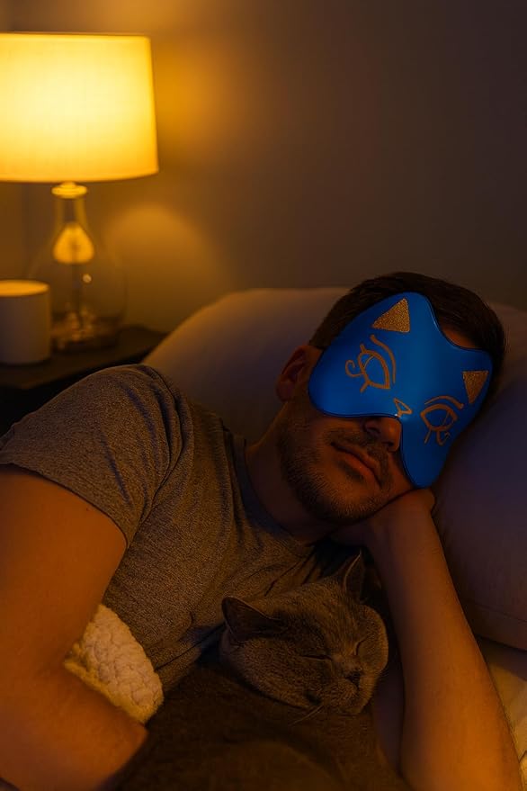 Silk Sleep Mask Blindfold Eye Mask for Sleep Cute Cat Print Embroidered Eye Cover Adjustable Oversized Egyptian Bastet with Gift Box&Pouch（Nefertari Blue-Adjustable Strap）
