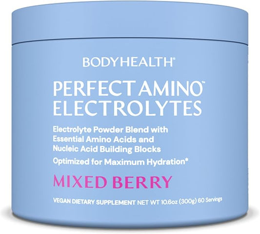 BodyHealth PerfectAmino Electrolytes Powder No Sugar, Keto Sugar Free Fasting Electrolytes Drink Mix, Hydration Powder with Trace Minerals - Mixed Berry - 60 Servings