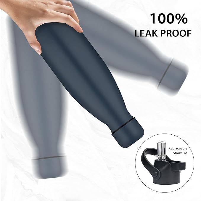 Insulated Water Bottle, 17oz Stainless Steel Water Bottles with straw lid, Metal Sports Water Bottles for Boys,Girls, Double Wall Vacuum BPA-Free Flask for School, Sports (Dark blue)