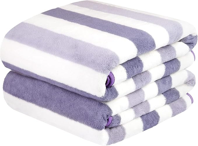 JML Microfiber Bath Towels, Bath Towel 2 Pack 30" x 60", Oversized, Soft, Super Absorbent and Fast Drying, Multipurpose Bathroom Towel Set for Sport, Fitness, Yoga, Coral Fleece Stripe Purple