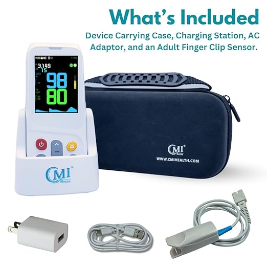 CMI Health CH-100 Handheld Pulse Oximeter - Measures Oxygen Level, Pulse Rate & Respiration Rate - Adjustable Audio & Visual Alarm - 1440 Hours of Continuous Data Storage