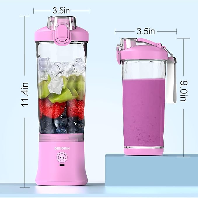 DENOKIN Portable Blender,Personal Size Blender for Shakes and Smoothies (Purpleish Pink, 20oz)