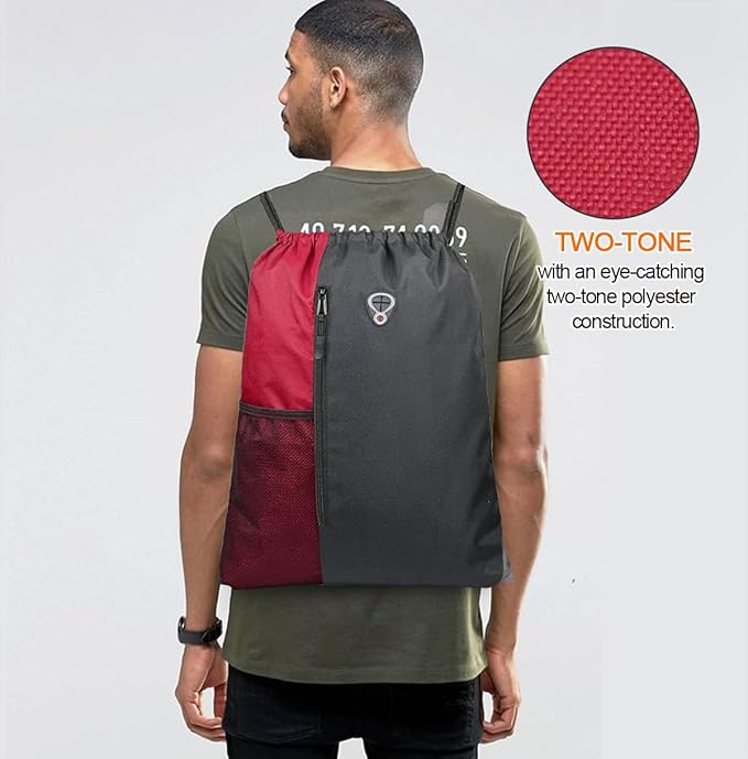 BeeGreen Bright Red Drawstring Backpack Gym Bag For Men & Women – Sports Sackpack with Mesh Water Bottle Holder & 2 Zippered Pockets – Large 16x20 Inch Cinch String Backpack