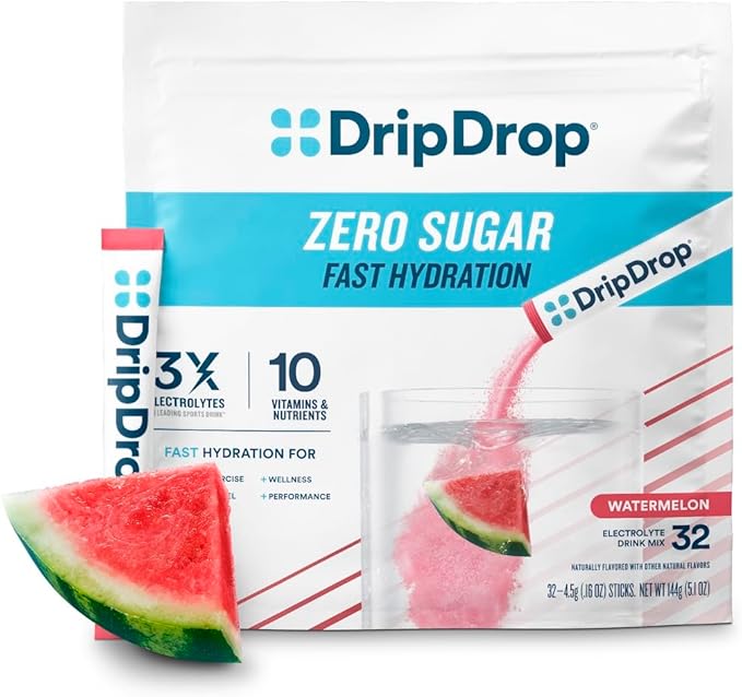 DripDrop Sugar Free Hydration Packets - Zero Watermelon - Single Serve Electrolytes Powder Drink Mix - Non-GMO, Gluten Free, Vegan - 32 Sticks