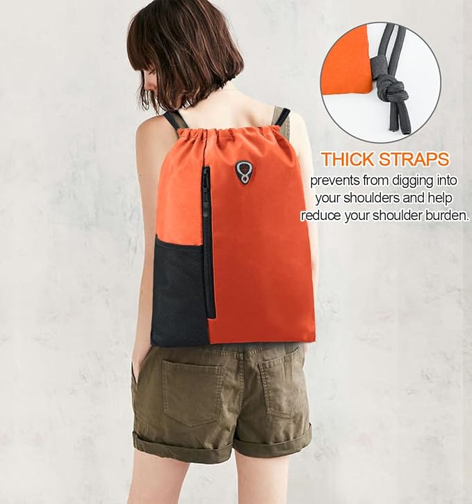 BeeGreen Orange Drawstring Backpack Gym Bag For Men & Women – Sports Sackpack with Mesh Water Bottle Holder & 2 Zippered Pockets – Large 16x20 Inch Cinch String Backpack