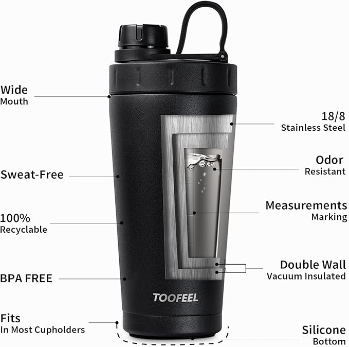 TOOFEEL Stainless Steel Shaker Bottle - 20 oz Double Walled Insulated Shaker Cup, Keeps Cold/Hot, For Protein Mixes & Gym Workout