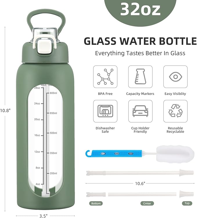 32 oz Glass Water Bolttles with Straw Large Motivational Water Bottle with Time Marker Sports Water Bottles with Silicone Sleeve and Handle Lid Water Jug for Gym Workout
